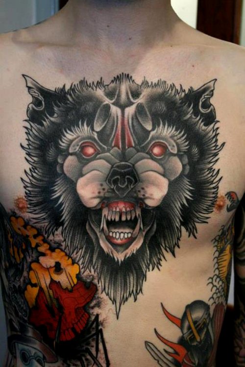 Cute Grey Ink Wolf Head Tattoo On Chest