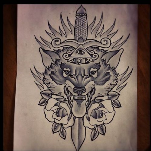 Grey Ink Dagger And Wolf Tattoo Design