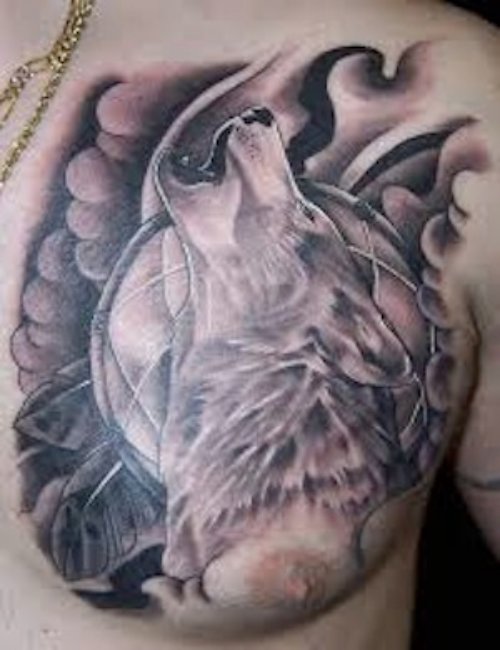 Crazy Grey Ink Wolf Head Tattoo On Man Chest