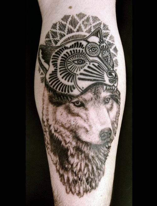 Grey Ink Dot Work Wolf Tattoo