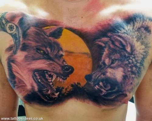 Grey Ink Wolf Tattoos On Man Chest