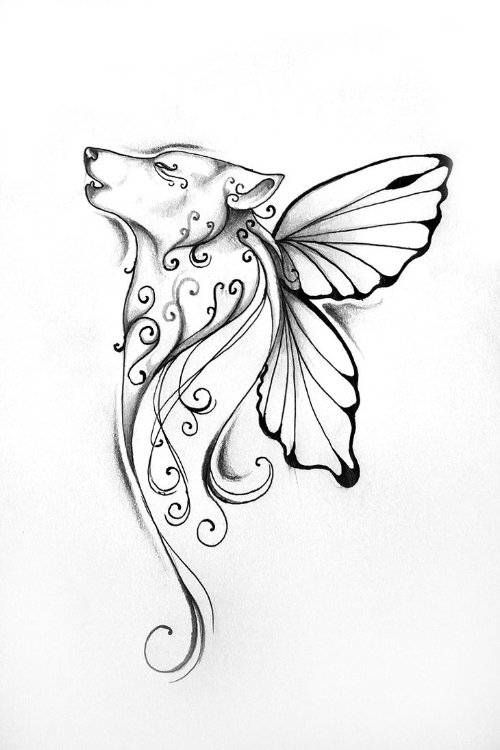 Butterfly Winged Wolf Tattoo Design