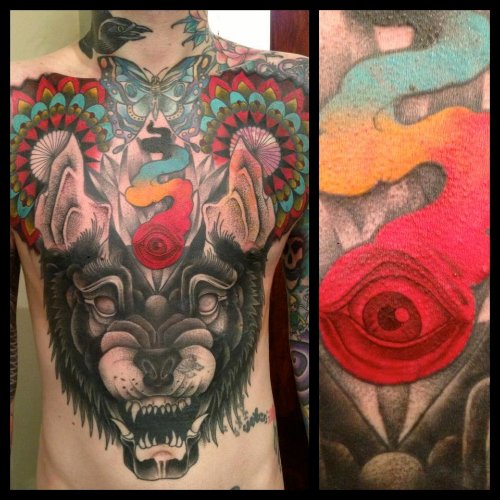 Colored Wolf Head Tattoo On Man Chest