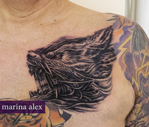 Amazing Grey Ink Wolf Tattoos On Man Chest