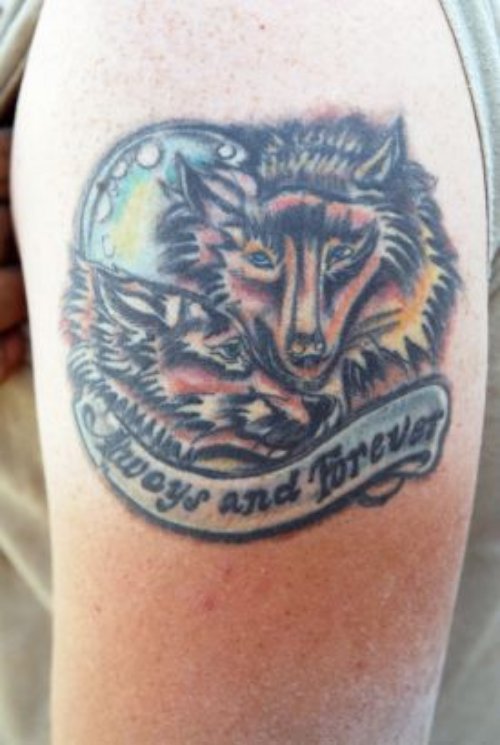 Color Ink Wolf Head Tattoo On Left Shoulder