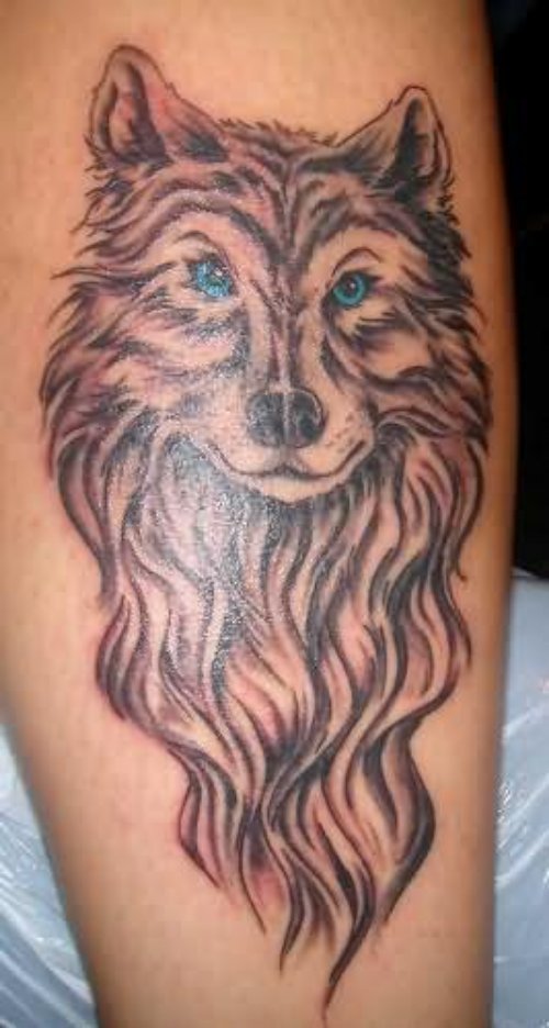 Cute Grey Ink Wolf Tattoo On Leg