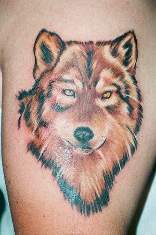 Brown Ink Wolf Head Tattoo