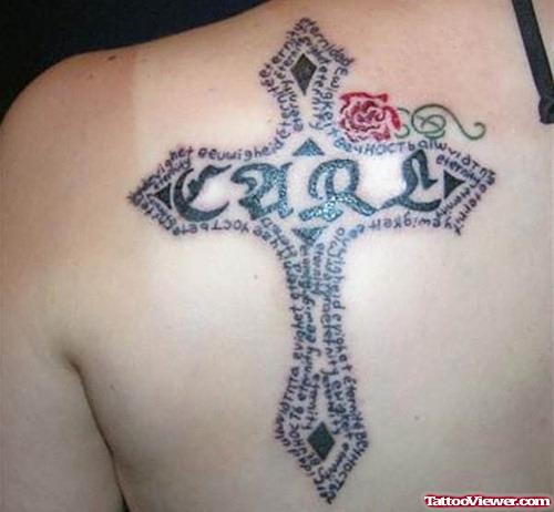 Tribal Red Rose And Cross Women Back Shoulder Tattoo