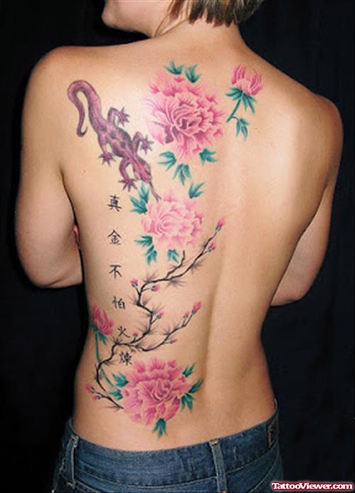Pink Flowers And Lizard Tattoo On Back For Women