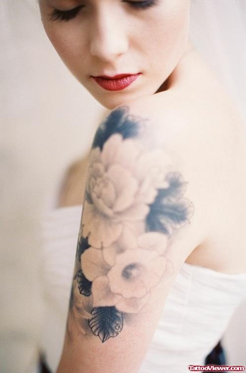 Grey Ink Flower Left Half Sleeve Women Tattoo