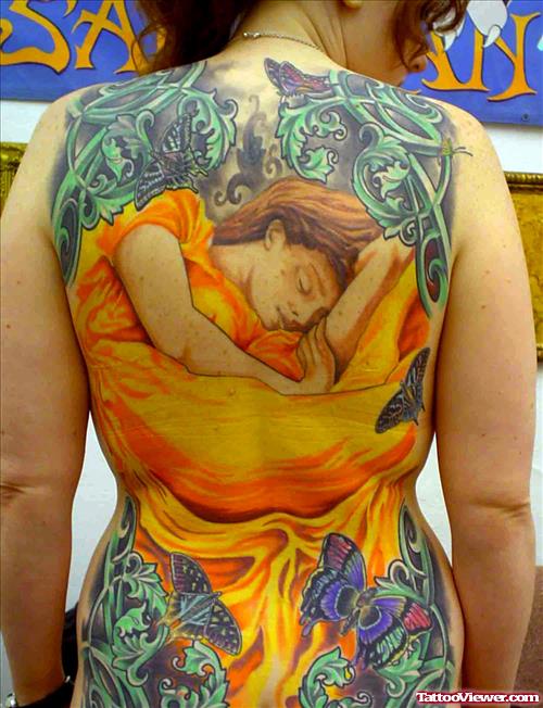 Colored Ink Back Body Tattoo For Women