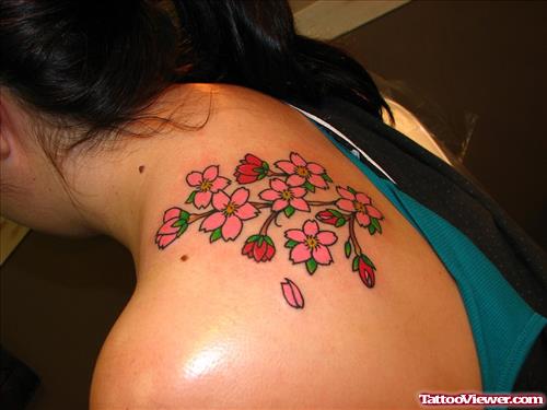 Cherry Blossom Flowers Women Back Shoulder Tattoo
