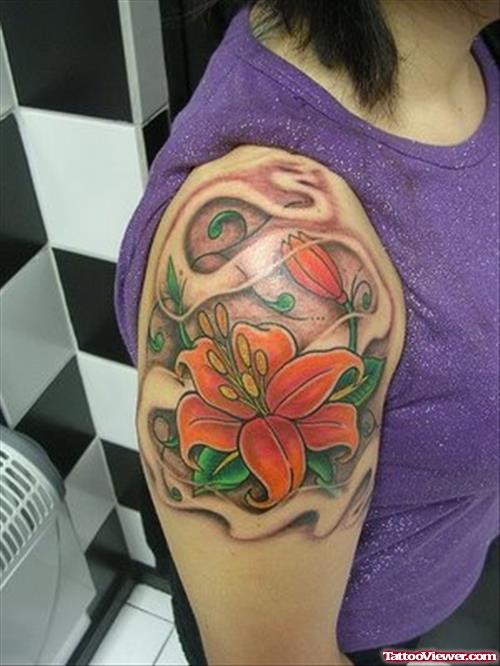 Awesome Colored Flower Women Tattoo On Right Shoulder