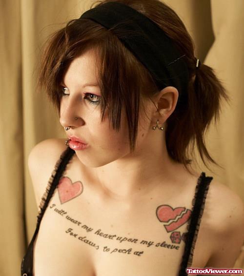 Quote And Hearts Women Chest Tattoo