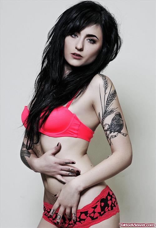 Grey Ink Bird Women Half Sleeve Tattoo