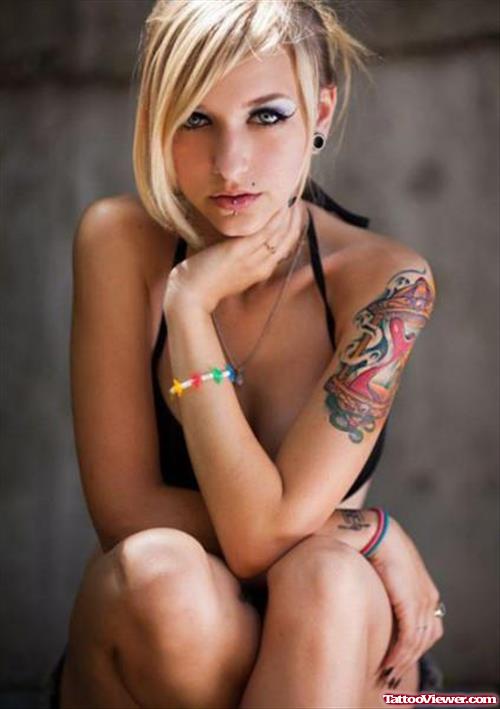 Colored Hourglass Women Half Sleeve Tattoo