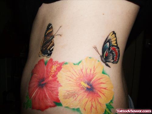 Colored Butterflies and Lily Flowers Women Tattoo