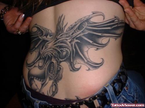 Black Ink Dragon Women Tattoo On Back Body