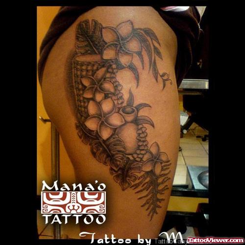 Grey Ink Flowers Women Tattoo On Leg