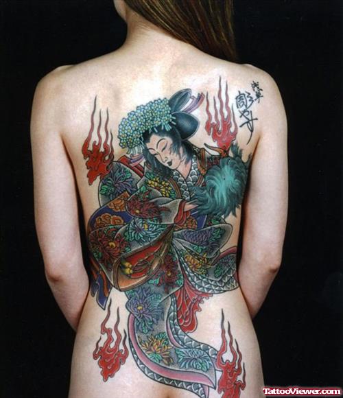 Colored Ink Japanese Tattoo On Women Back