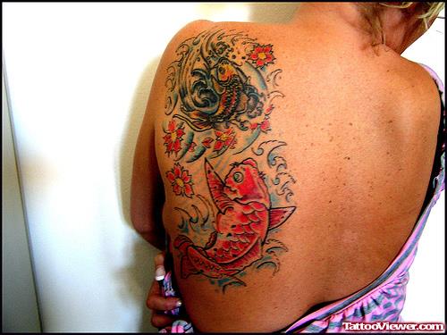 Asian Koi Women Tattoo On Back Body