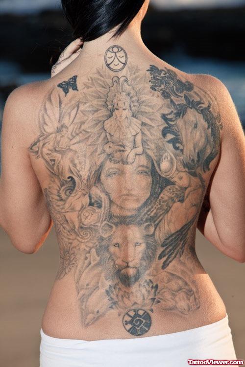Grey Ink Back Body Tattoo For Women