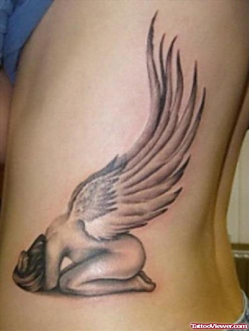 Grey Ink Angel Side Rib Tattoo For Women