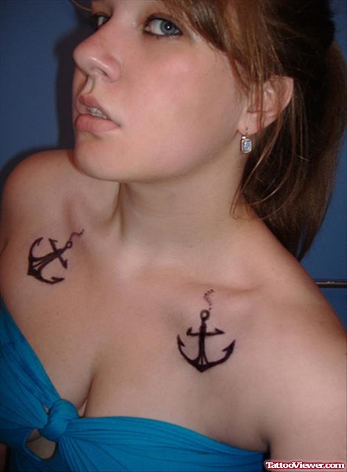 Grey Ink Anchor Tattoos On Chest For Women