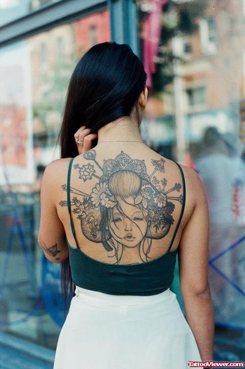 Geisha Girl Head Women Tattoo On Upperback