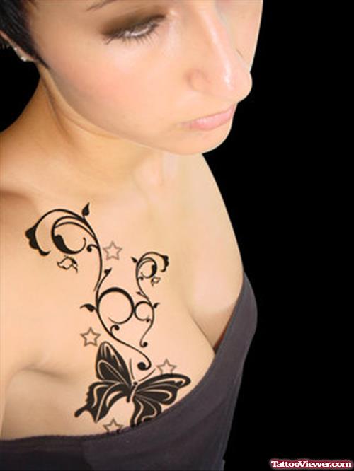 Butterfly Women Tattoo On Girl Chest