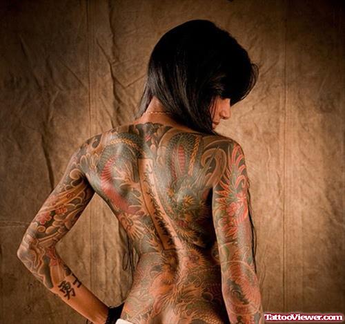 Colored Japanese Drgaon Women Back Body Tattoo