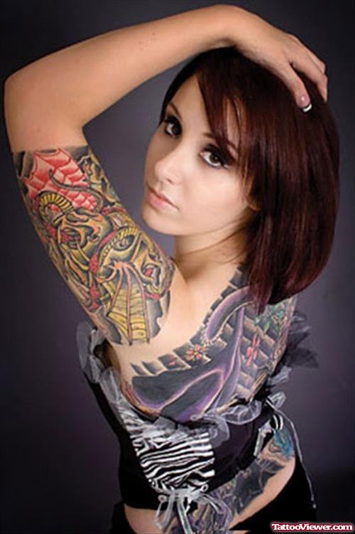 Colored Biomechanical Women Half Sleeve Tattoo