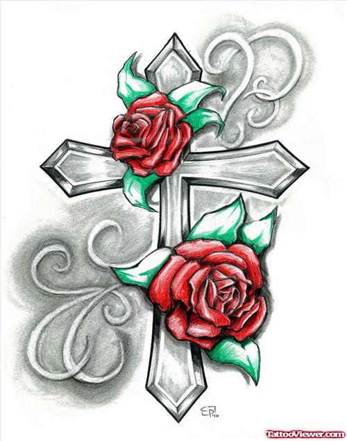 Red Roses And Cross Tattoo Design For Men