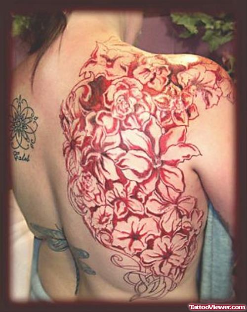 Red Flowers Women Tattoo On Back