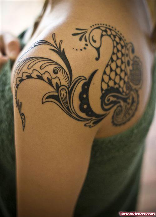 Grey Ink Peacock Tattoo On Back Shoulder For Women