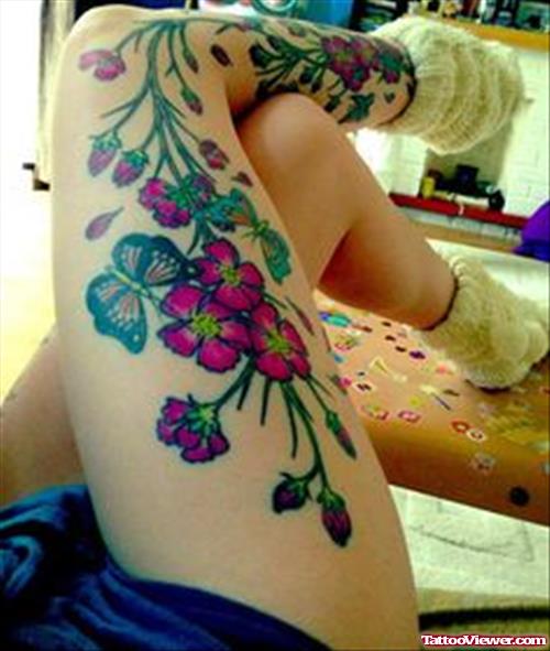 Butterfly And Color Flower Right Leg Women Tattoo