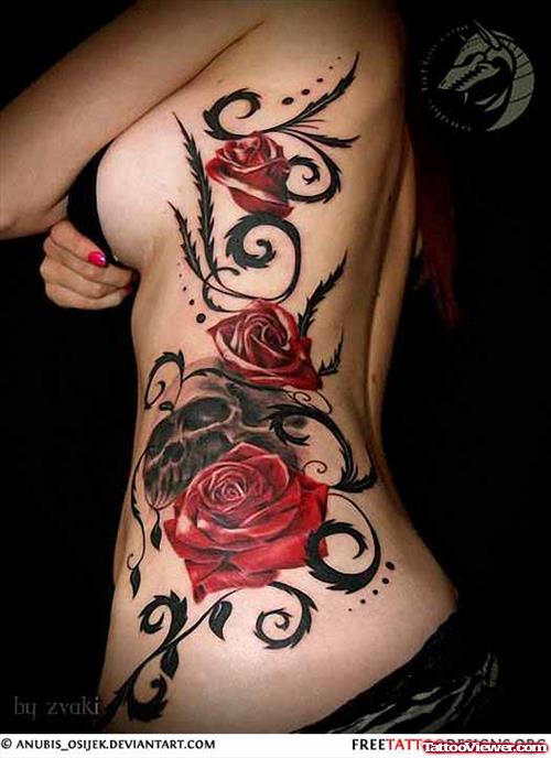 Black Tribal And Rose Women Tattoo