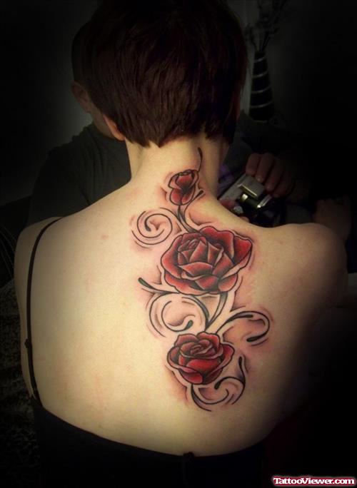 Red Ink Rose Flowers Women Tattoo