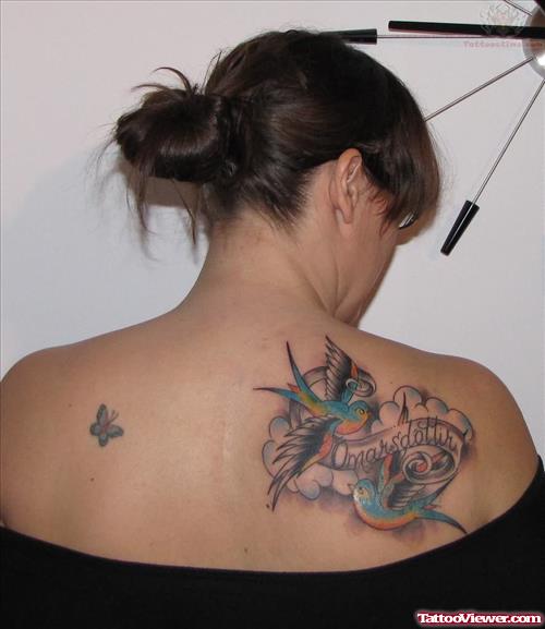 Tiny Butterfly With Swallows And Banner Women Tattoo On Back