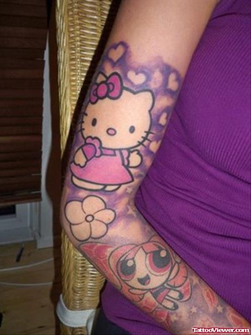 Hello Kitty And Flower Women Tattoo On Right Sleeve