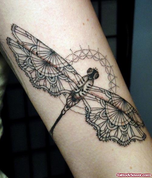 Grey Ink Geometric Dragonfly Women Tattoo