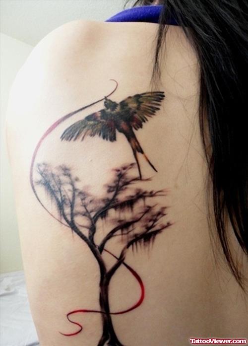 Flying Bird And Tree Women Tattoo on Back