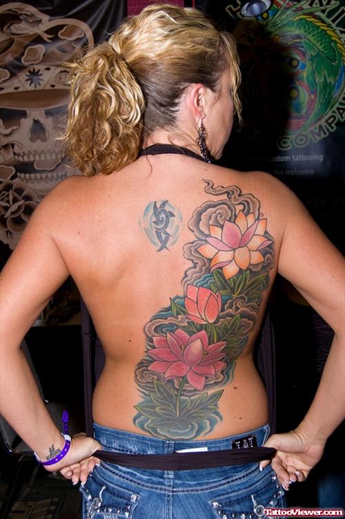 Colored Lotus Flowers Women Tattoos On Back