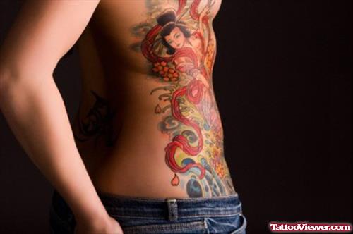 Colored Japanese Tattoo On Women Side Rib