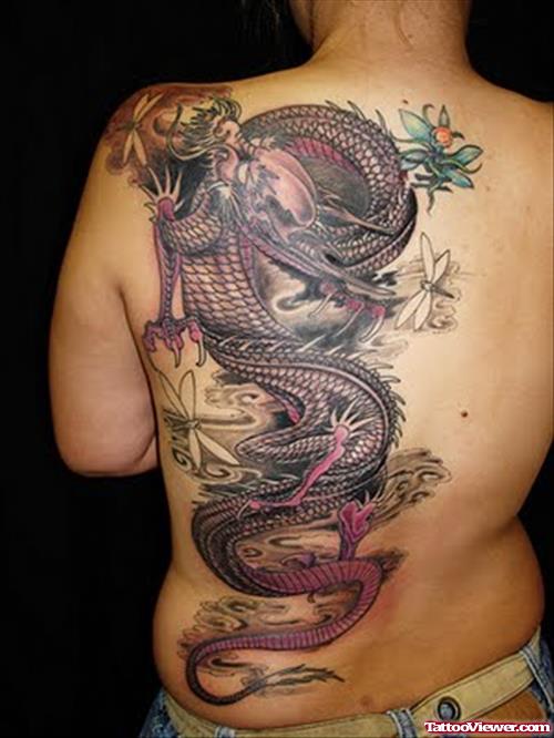 Color Dragon Tattoo On Back For Women