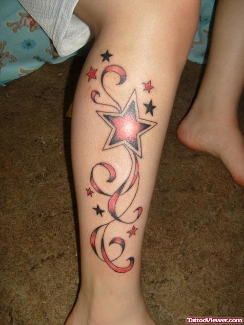 Red Ink Stars Women Tattoo On Leg