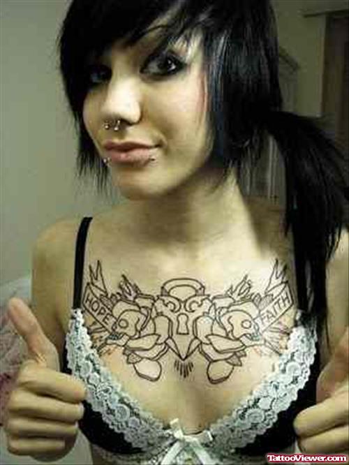 Outline Rose And Lock Heart Women Tattoo On Chest