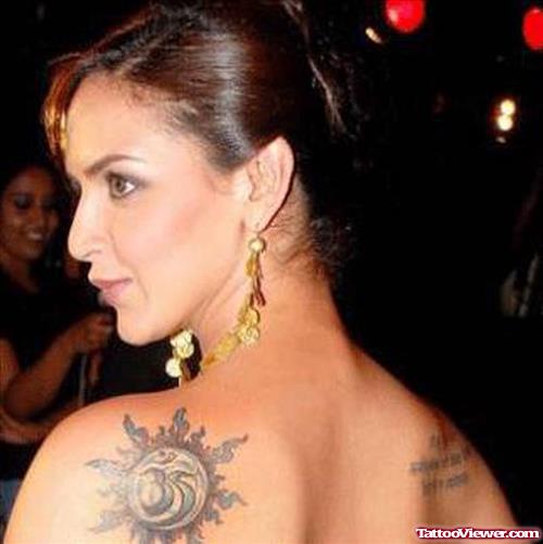 Tribal Sun Back Shoulder Tattoo For Celebrity Womens