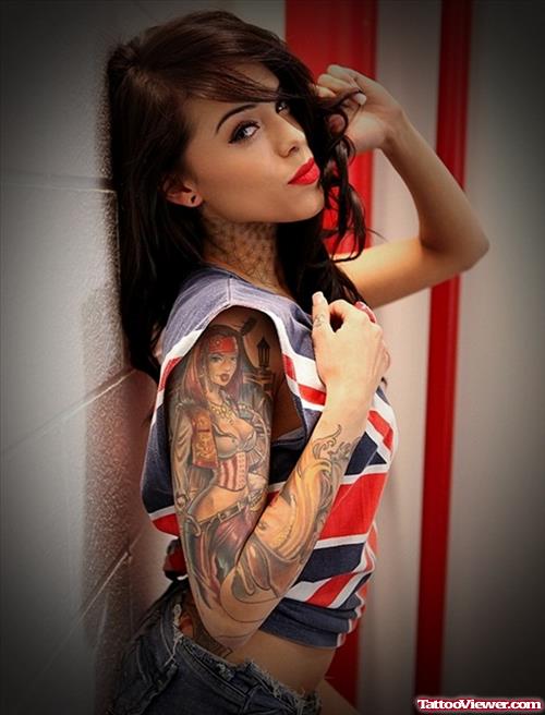 Pinup Girl Right Sleeve Women Tattoo
