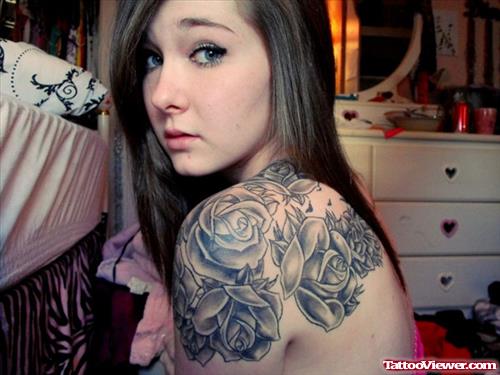 Grey Ink Rose Flowers Tattoos For Women